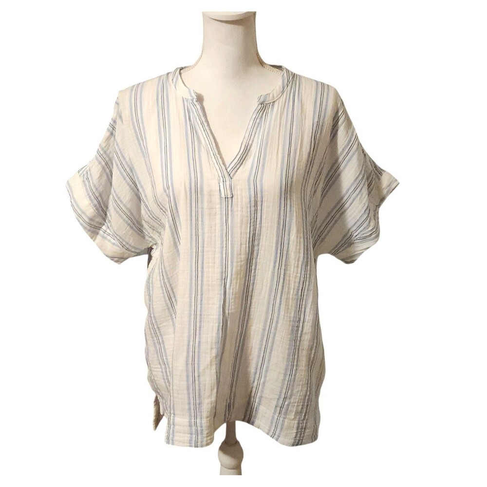 LL Bean Double Gauze Cotton Top V-Neck Blue Striped Womens Size XL Coastal
